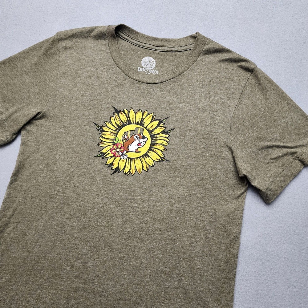 Buc-ees Be Happy Sunflower Graphic T-Shirt Olive Green Small AS